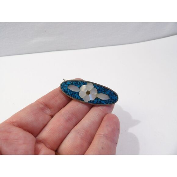 Vintage Daisy Flower Mother of Pearl Inlay Blue Turquoise Hair Clip, 1.75" - Picture 6 of 12